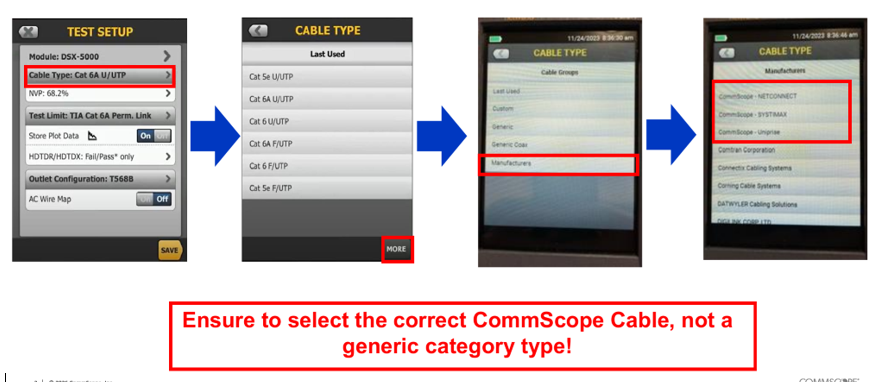Fluke DSX setup screens: Test Setup, Cable Type, Manufacturers, CommScope selection